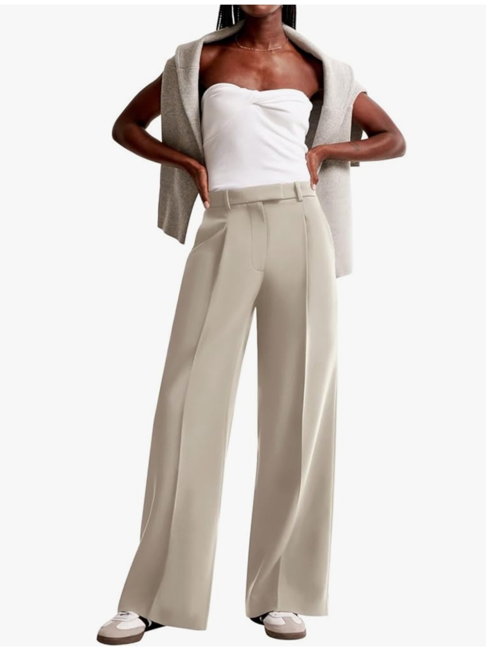Wide-Leg High Waisted Tailored Pants in Light Beige